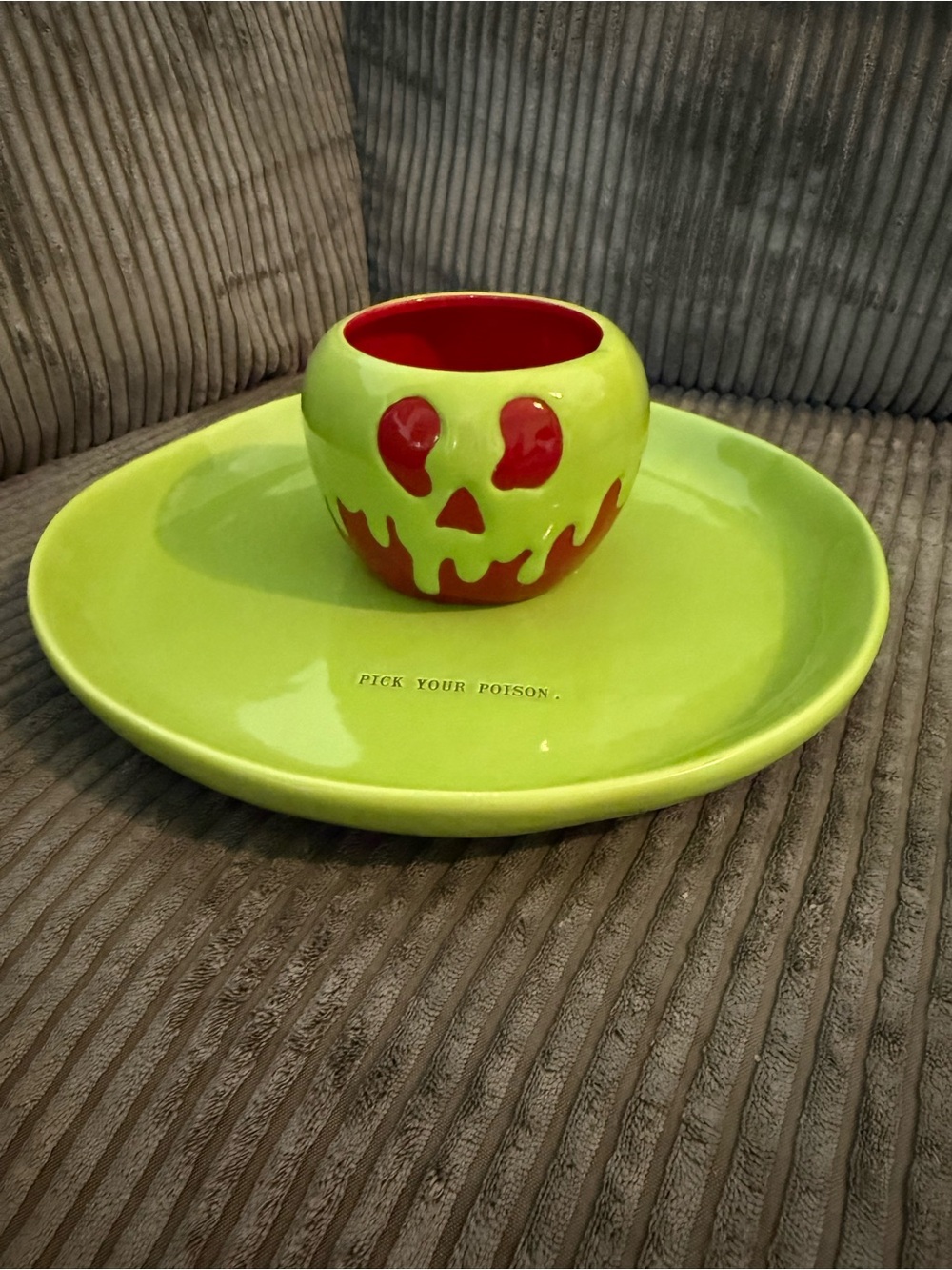 Rae Dunn Lime Green Plate with Red-Accent Poison Apple Bowl Chip & Dip Tray